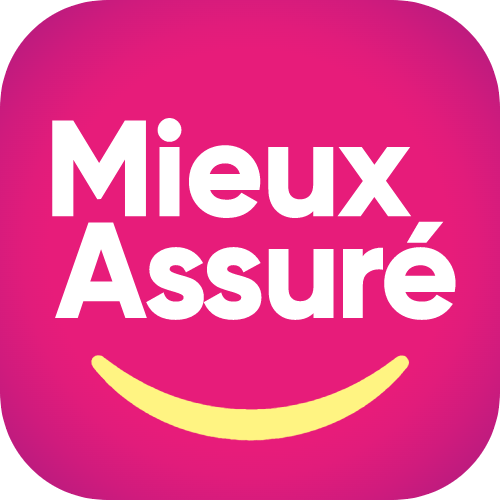Un smiley rose et jaune avec les mots « mieux assuré ».