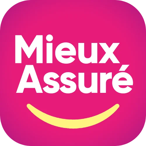 Un smiley rose et jaune avec les mots « mieux assuré ».