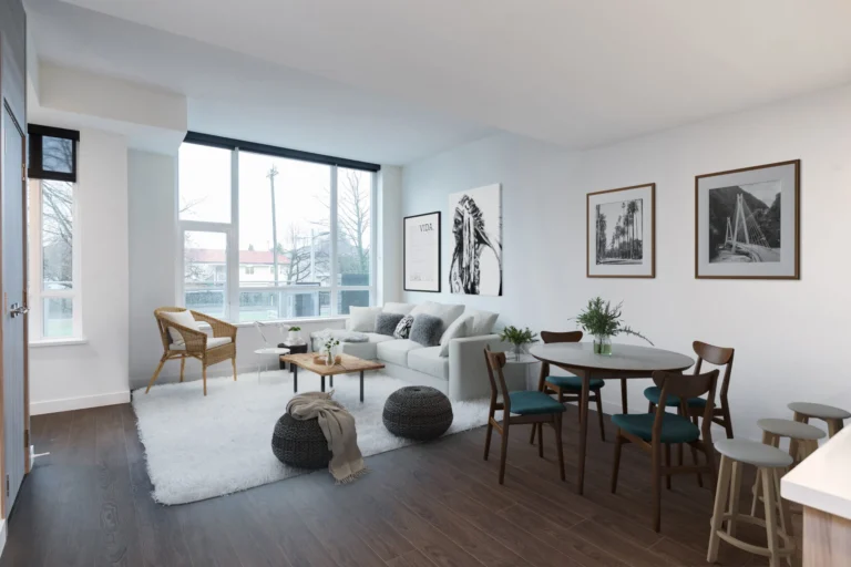 Un rendu d'un salon et d'une salle à manger.