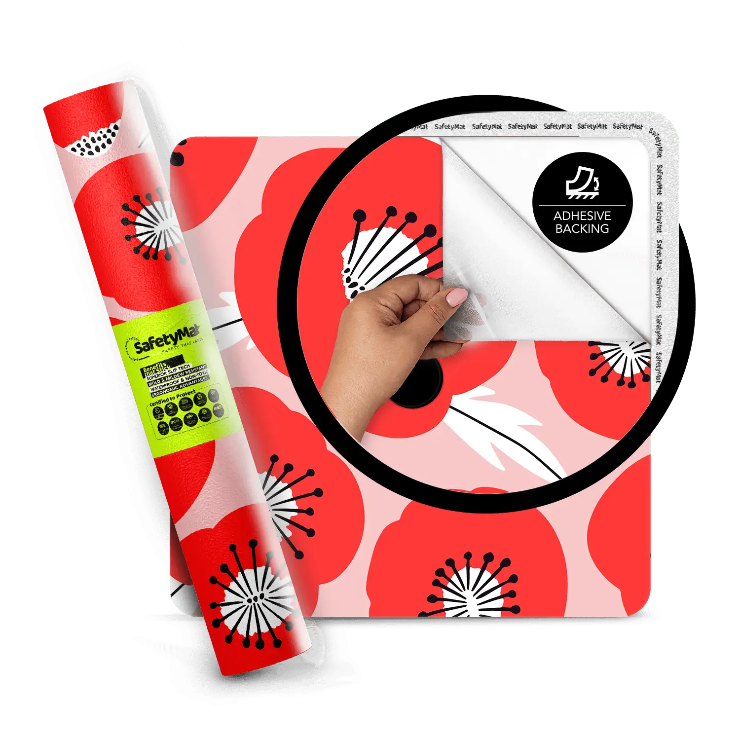 Alfombra de ducha con estampado de flores de amapola vibrante | Alfombrilla antideslizante de baño Peel and Stick con certificación de seguridad