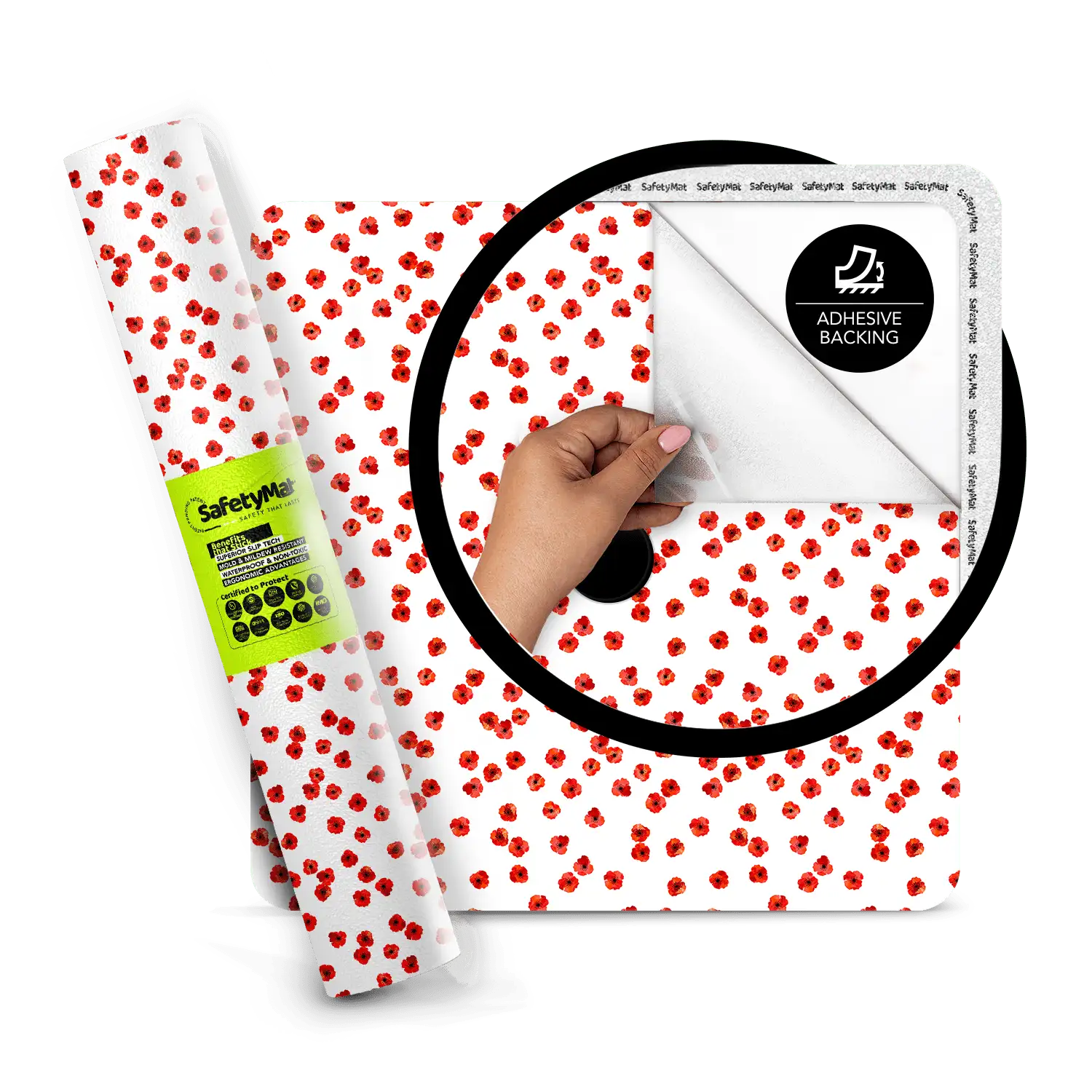 Alfombrilla de ducha con estampado de flores de amapola roja sin ventosas | Alfombrilla antideslizante de baño Peel and Stick con certificación de seguridad