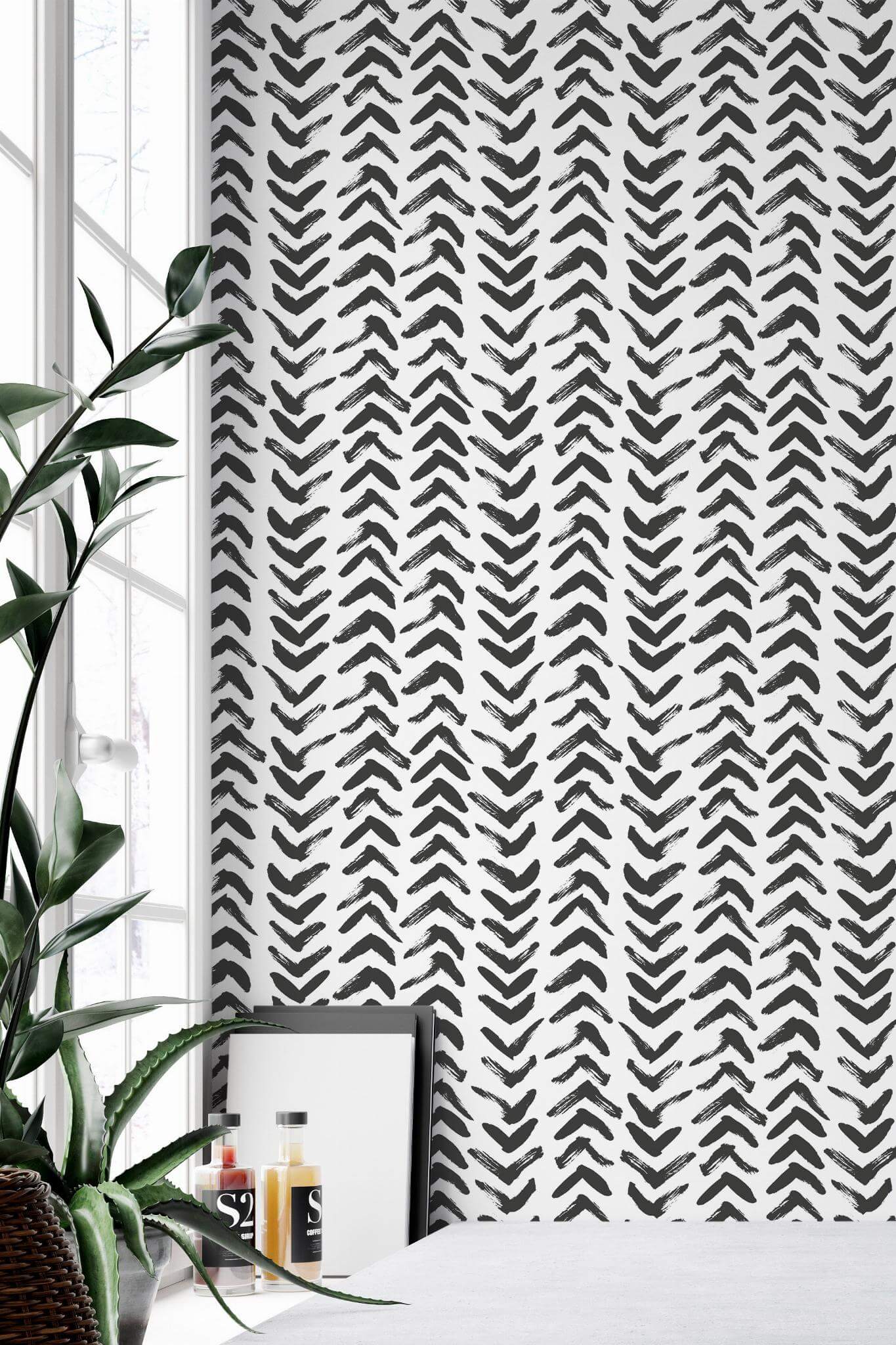 Black and white brush stroke herringbone Wallpaper