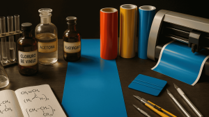 De vieux pots de produits chimiques à côté de rouleaux de vinyle et d’outils de lettrage sur la même table.