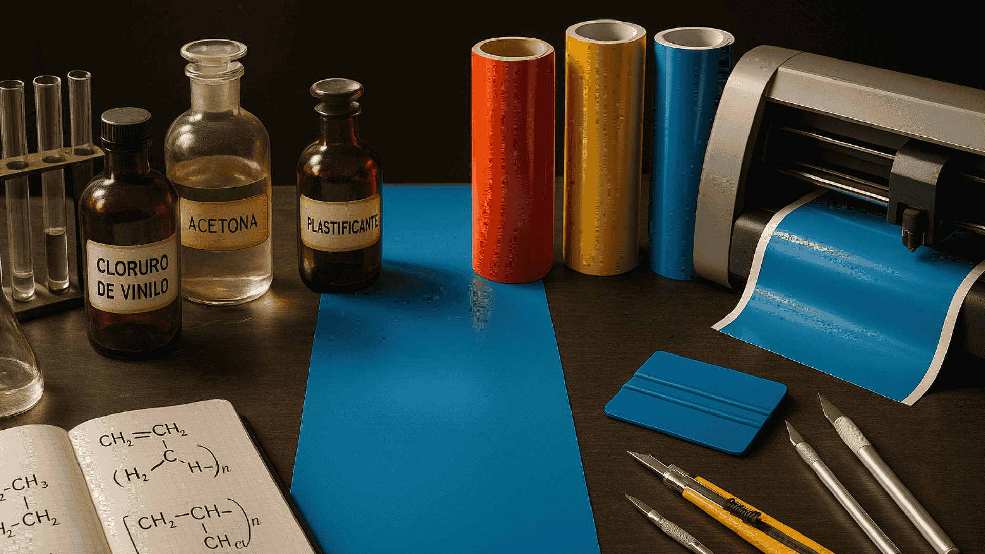 De vieux pots de produits chimiques à côté de rouleaux de vinyle et d’outils de lettrage sur la même table.