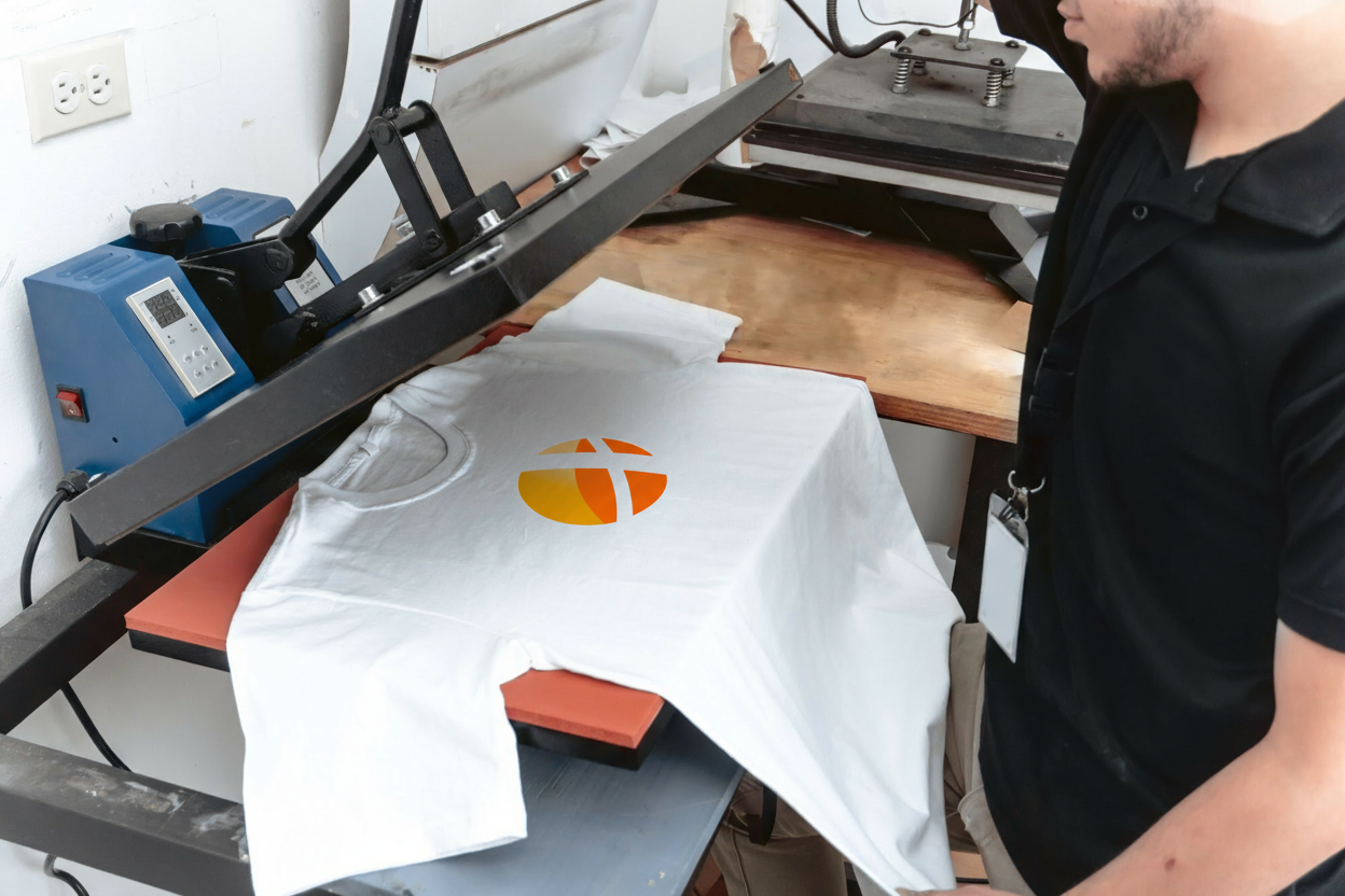 Application de personnalisation textile avec presse à chaud sur t-shirt blanc.