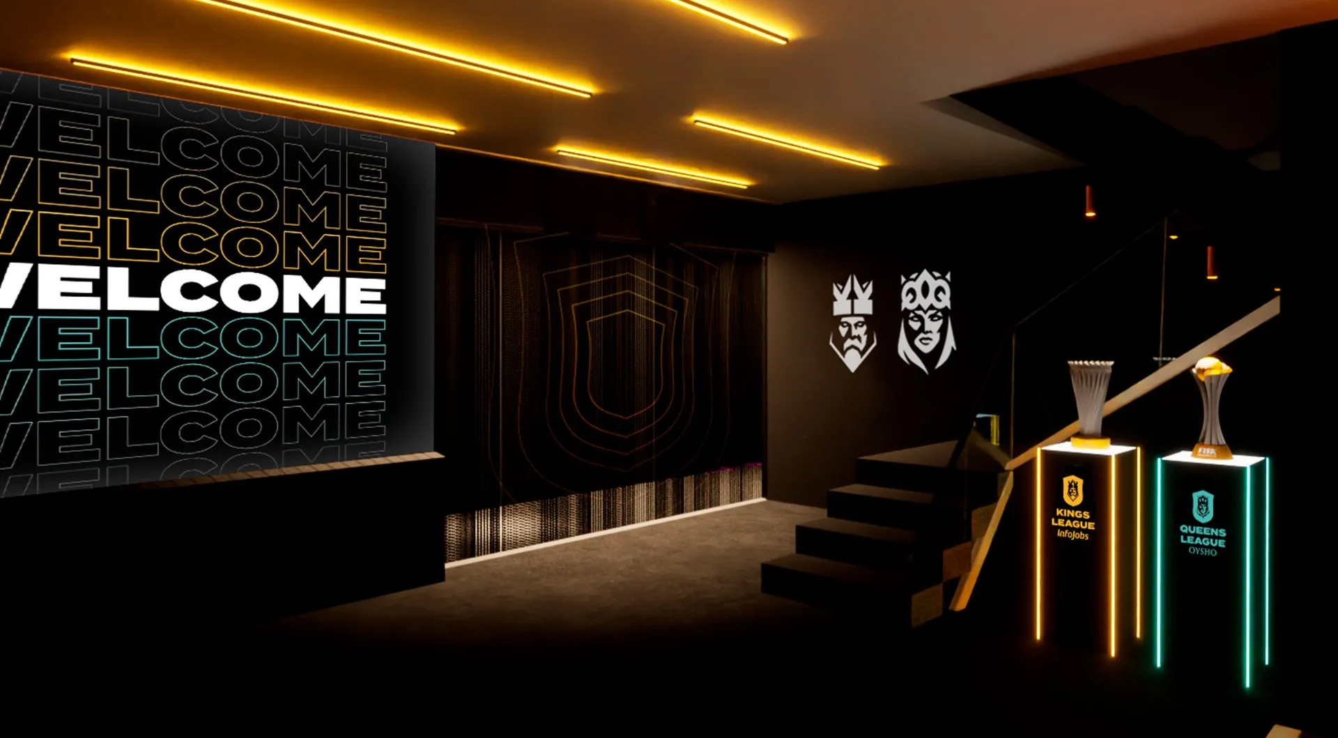 O espaço interior do projeto Kings League e Queens League com design imersivo, iluminação linear no teto, gráficos de boas-vindas, escadas centrais e pedestais de exposição para os troféus.