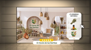 Herbalist showcase "The Herb Corner" with warm and natural design, shelves with jars of herbs, essential oils and graphic elements for online purchase.