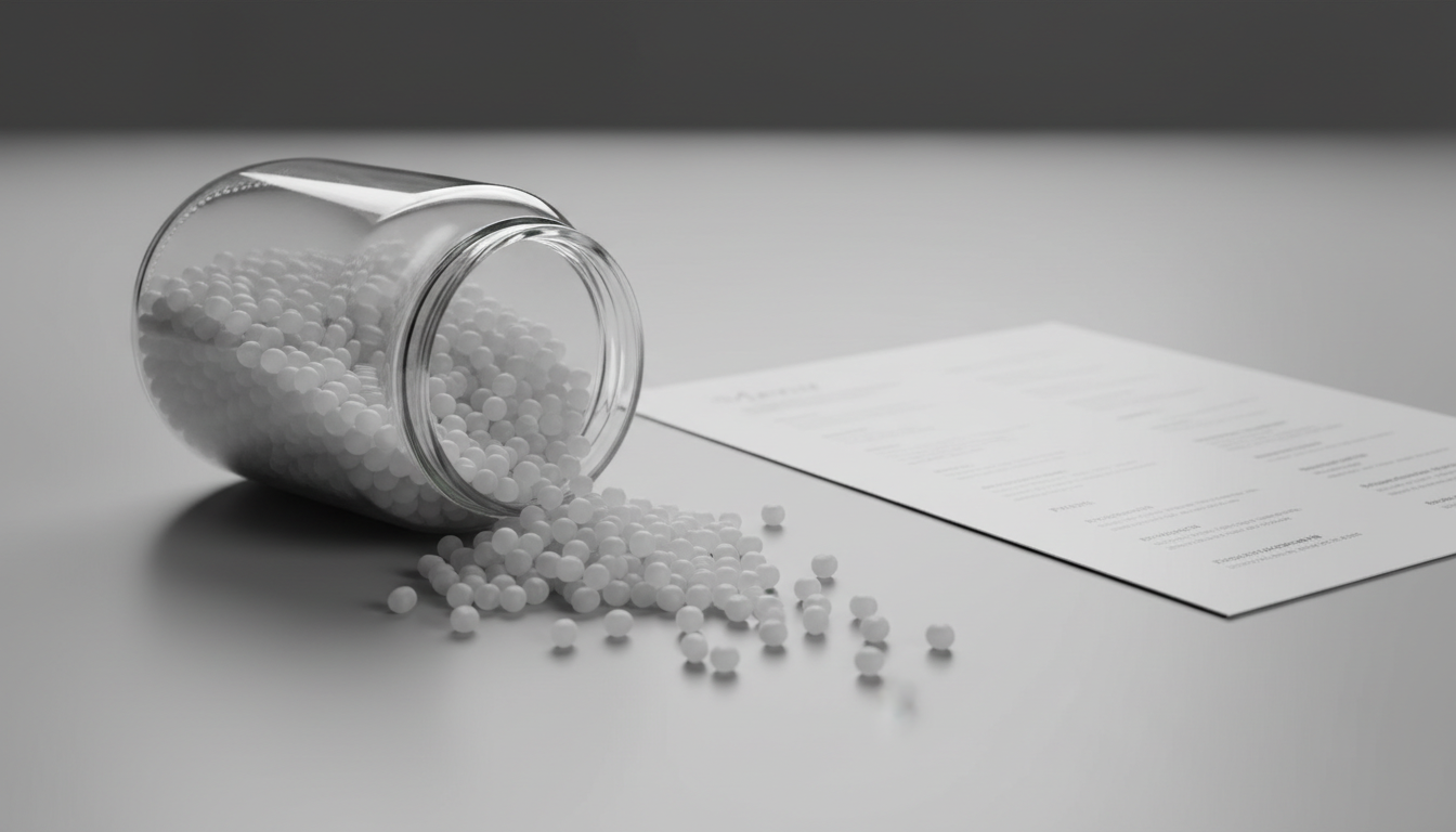 Grânulos de polímero branco juntamente com uma folha impressa de papel sintético que mostra a sua origem industrial.