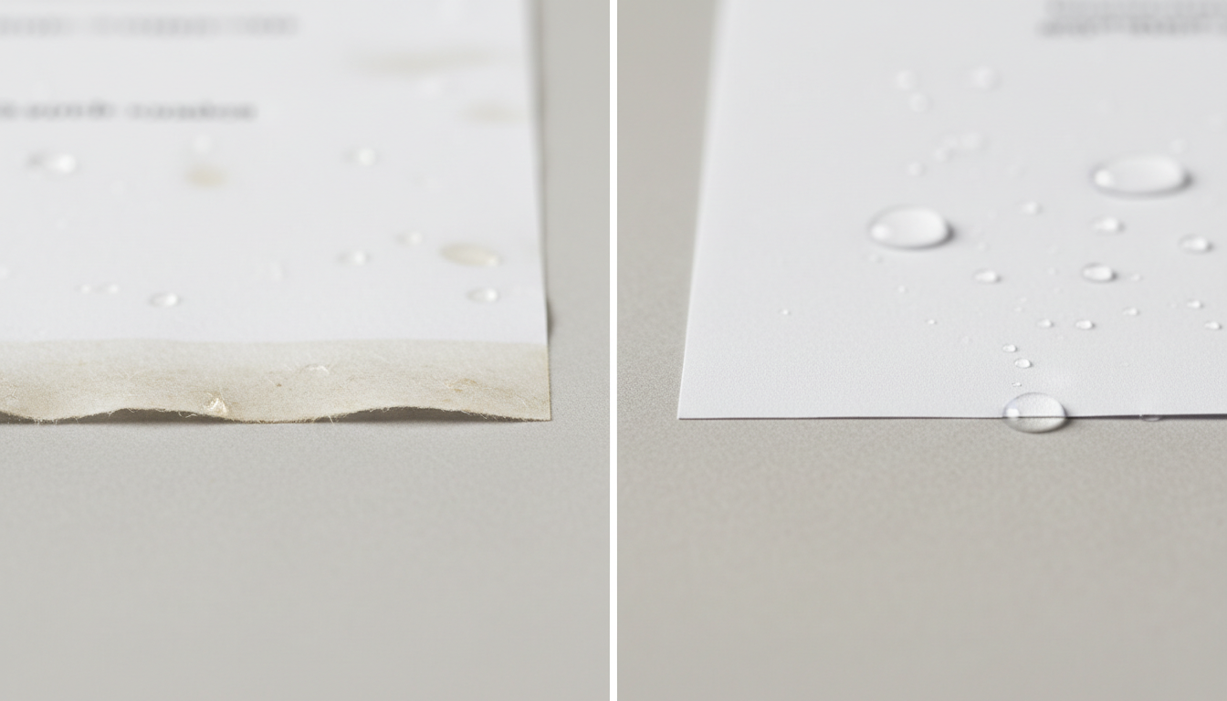 Comparação entre papel húmido convencional com borda desfiada e papel sintético resistente à água com superfície intacta na aplicação da marcação.