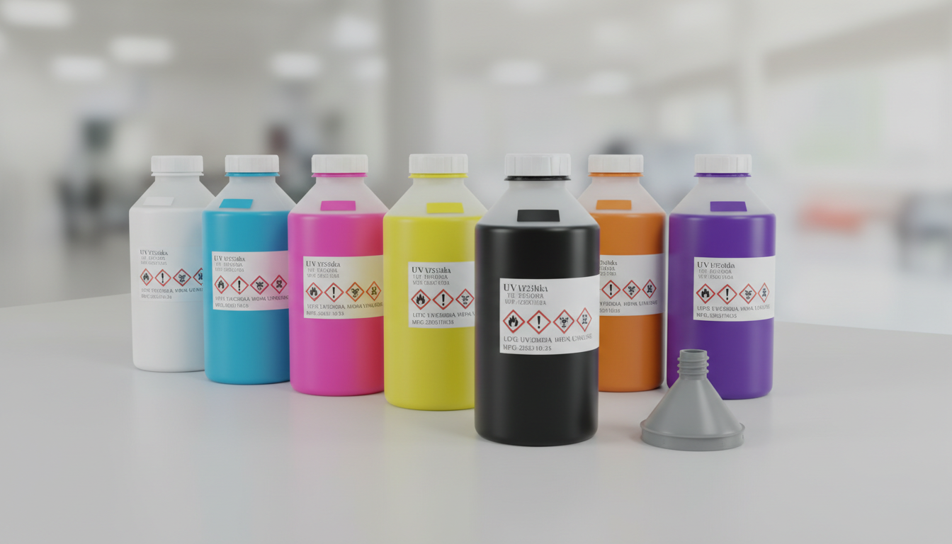 Garrafas de tinta UV e CMYK para impressoras industriais, utilizadas em tecnologias de impressão de grande formato.
