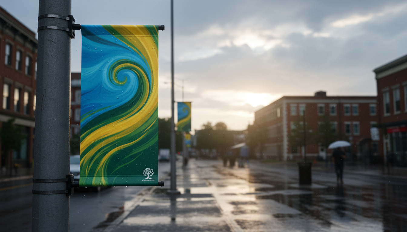 Faixa publicitária impressa em papel sintético resistente à chuva instalado em candeeiros urbanos durante um dia chuvoso.