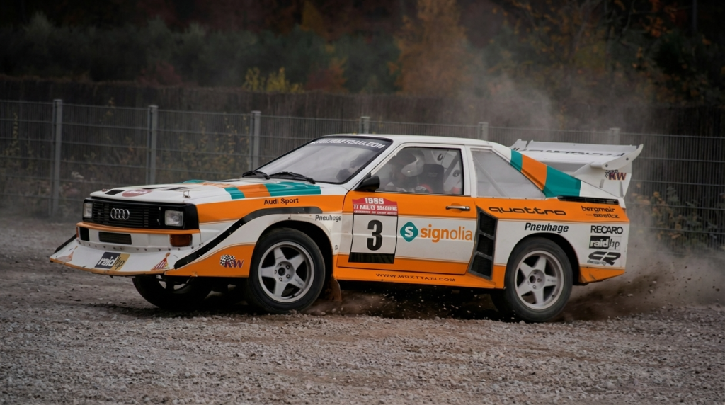 AI-generated image of a classic rally car with orange, white and turquoise racing wraps skidding on a gravel track.
