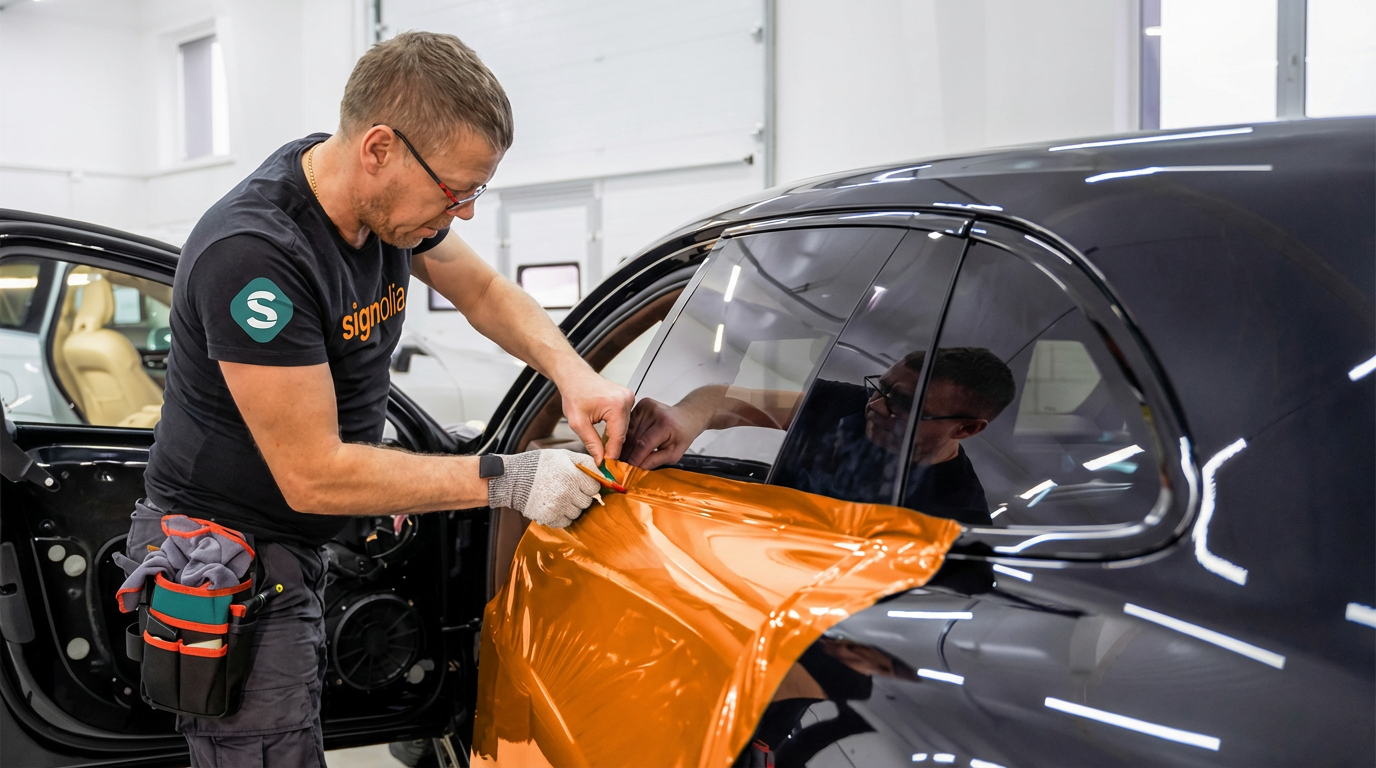 Imagem gerada por IA de um instalador a aplicar vinil laranja numa carroçaria durante um processo de rotulação.