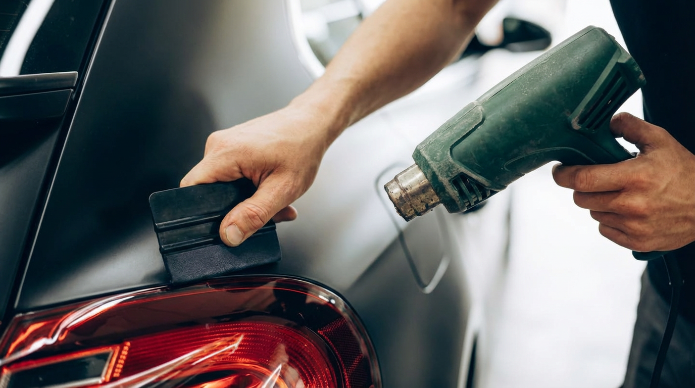 Imagem gerada por IA de um instalador a aplicar vinil numa carroçaria usando uma espátula e pistola de ar quente durante um processo de envolvimento.