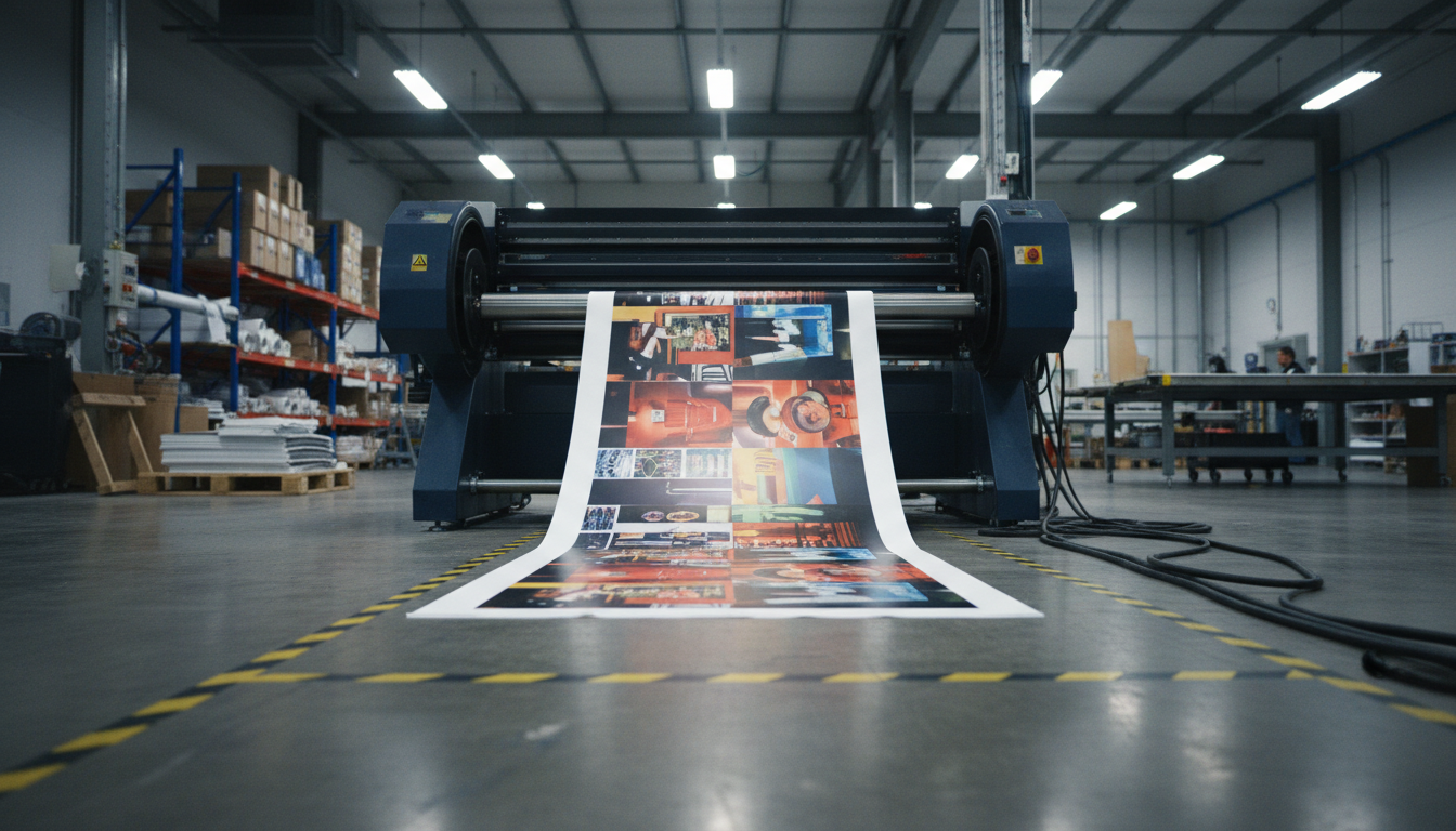 Impressora de grande formato, rolo a rolo, impressão de vinil num armazém industrial, exemplo de tecnologias de impressão de grande formato.