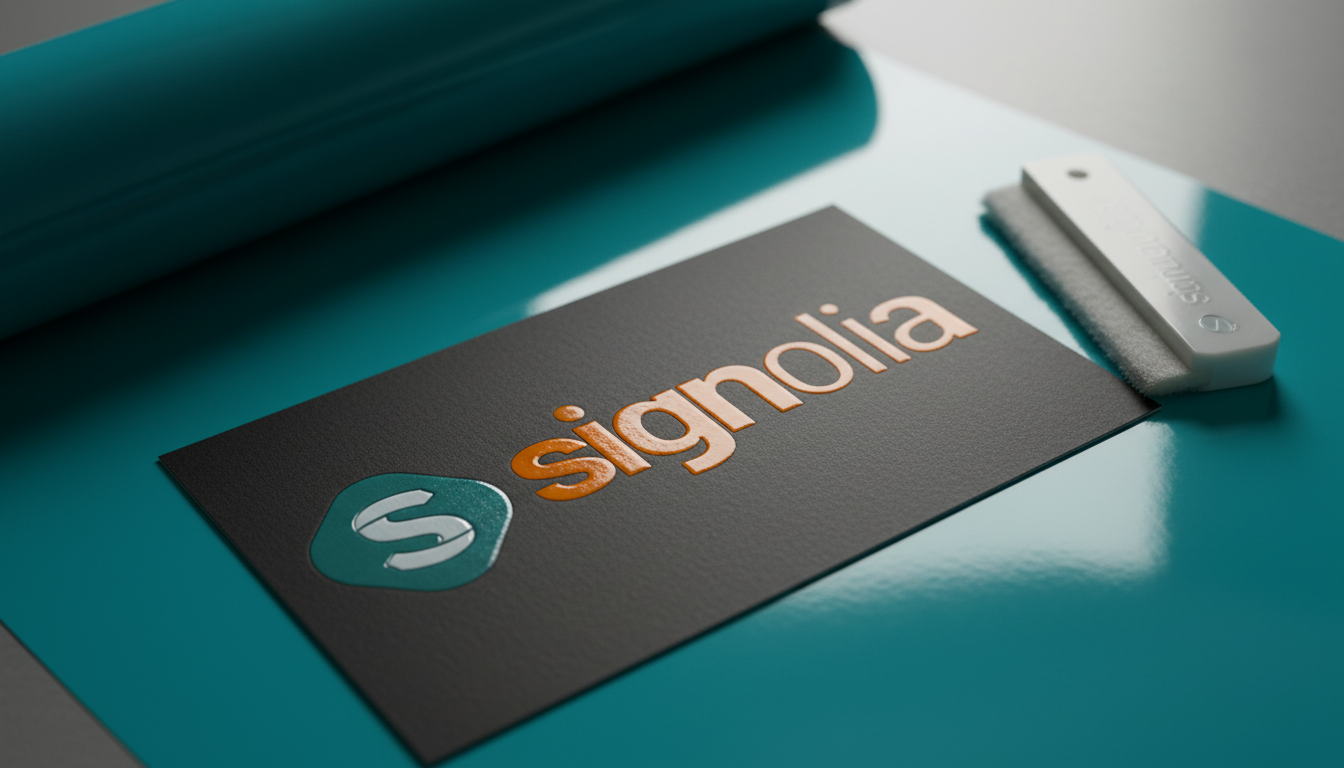 Detalhe macro de um cartão com verniz UV em relevo no logótipo, um exemplo de acabamento premium em tecnologias de impressão de grande formato.