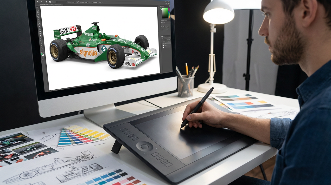 Imagem gerada por IA de um designer a usar um tablet gráfico para criar o desenho envolvente de um carro de corrida no computador.