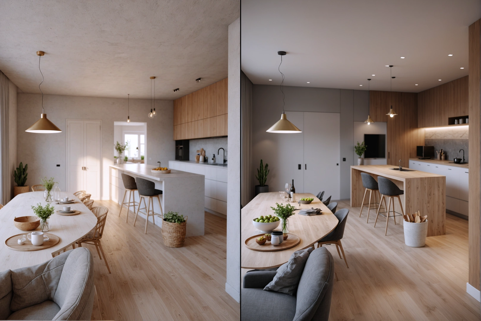 Después: Cocina de estilo escandinavo con detalles en madera clara y una cálida iluminación ambiental.