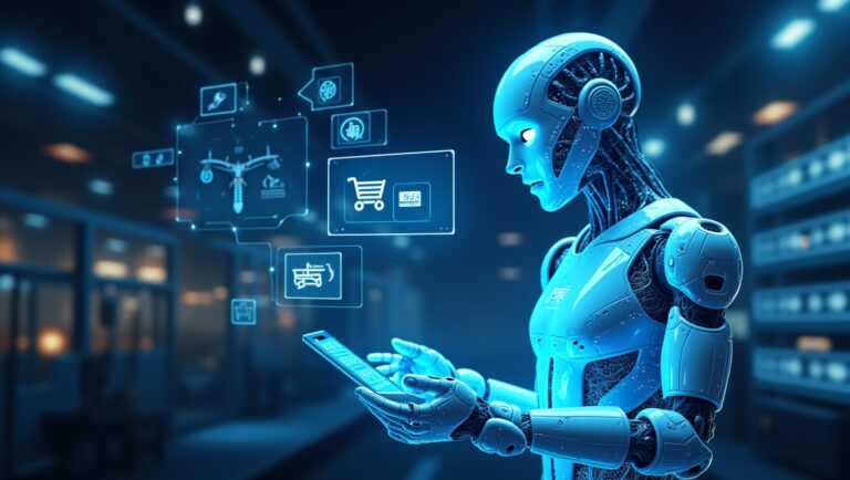 A robot, surrounded by, sales