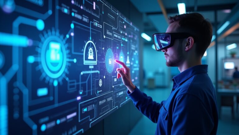 A man wearing VR glasses interacts with a large digital touchscreen on which various futuristic data and icons of Artificial Intelligence for Manufacturing are displayed in a modern office environment.