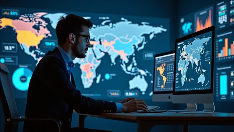 A man, with maps, which highlight