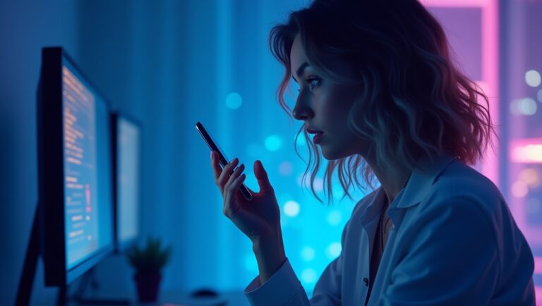 A woman, surrounded by