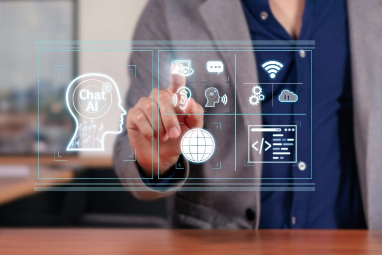 A person interacting with a futuristic touch interface that shows the chatbot's customer support and technology icons.