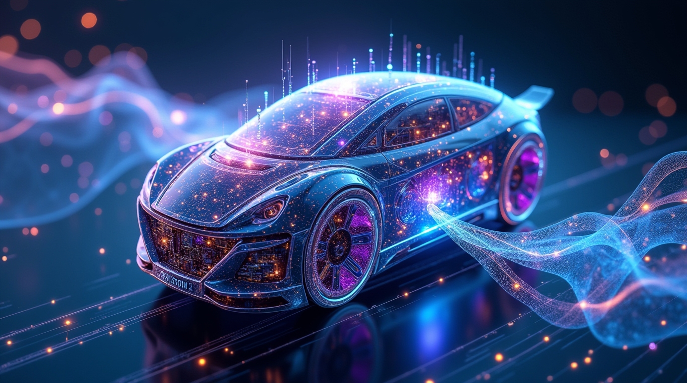 A futuristic car, with patterns, surrounded by, suggests the