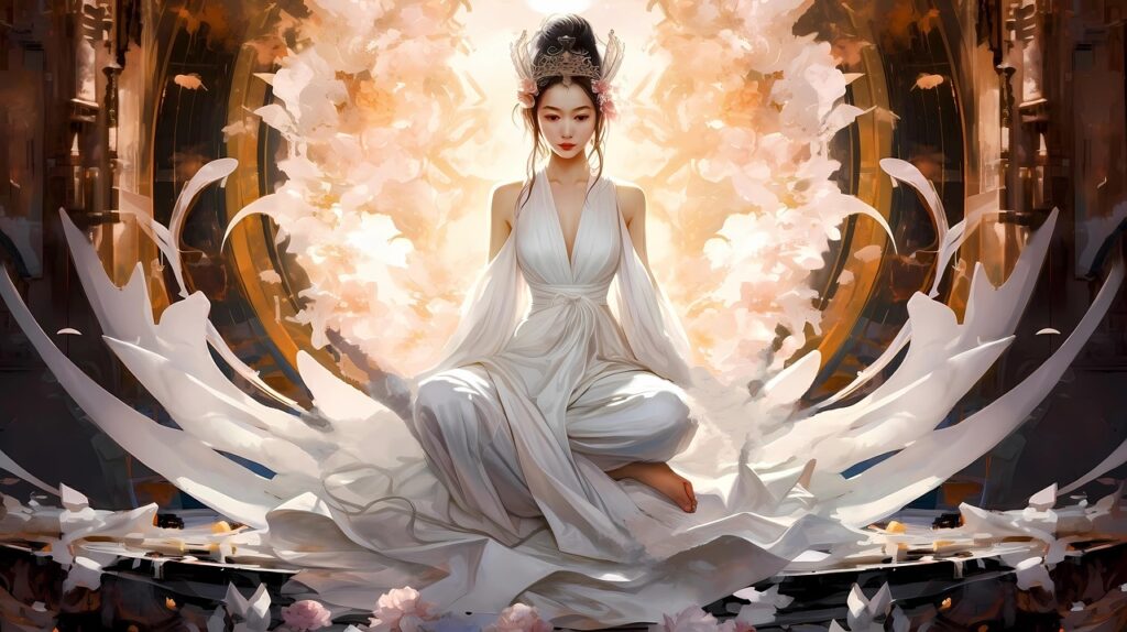 座る白いドレスの女性