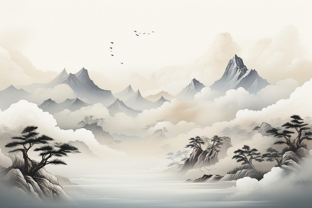 山脈が白い霞みおおわれて 大きな川がある日本画