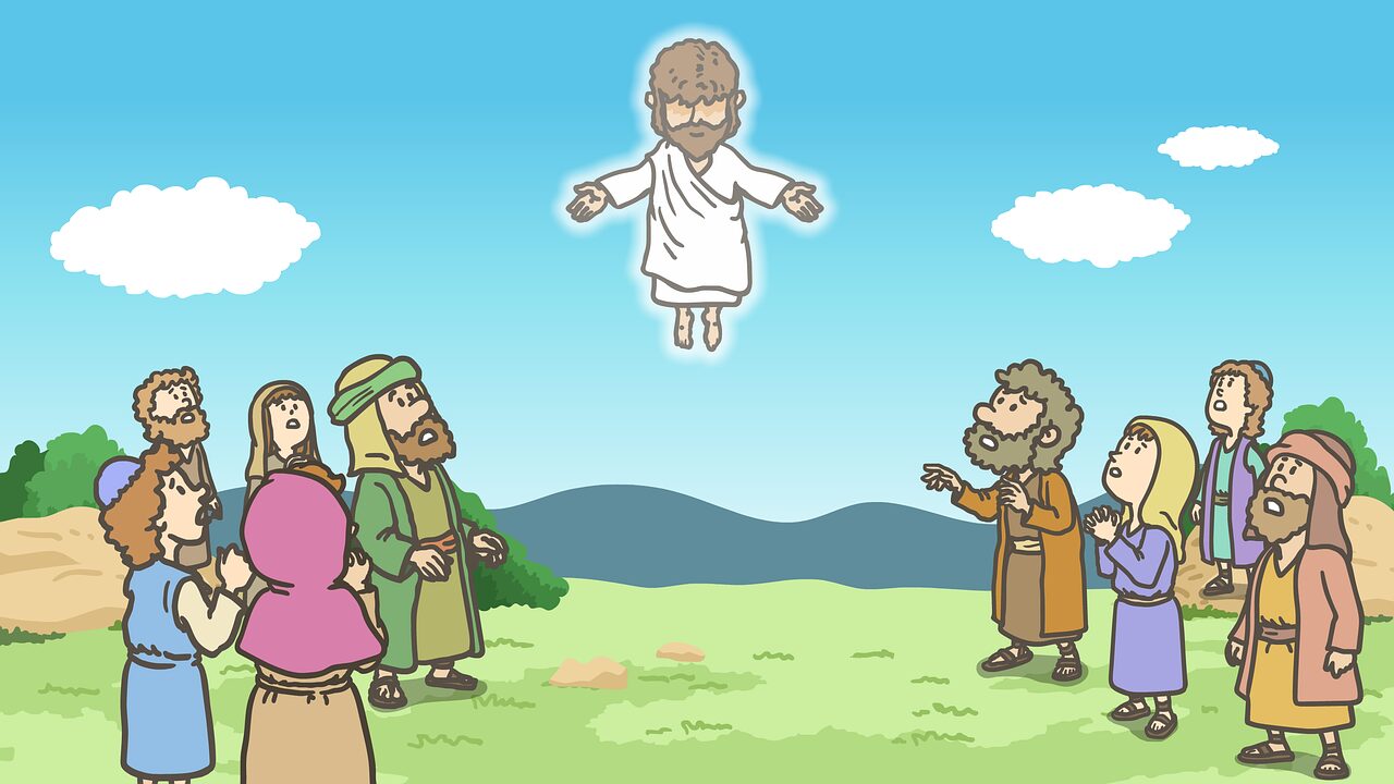 空に浮かびキリストをたたえる大勢の人々