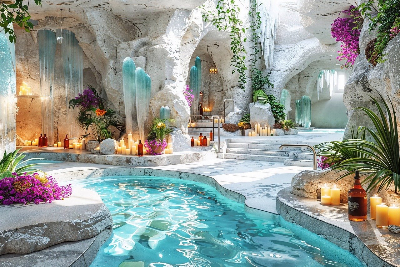 洞窟をイメージしたスパリゾート空間にあるプール