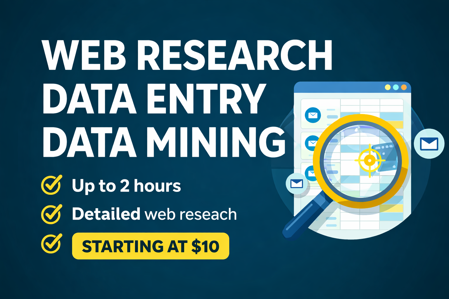 Haré investigación web, entrada de datos, minería de datos y creación de listas