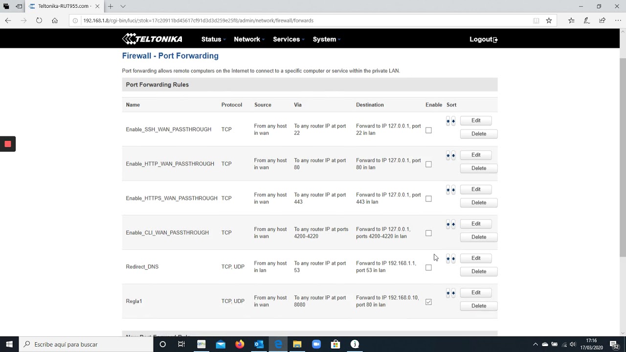 Abrir los puertos (port forwarding) en los routers Teltonika