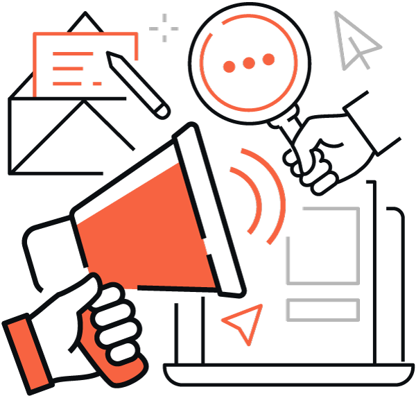 Import wederverkoop Grensoverschrijdende EC Grafische illustratie van digitale marketingtools, zoals megafoon, zoekpictogram, mobiel, documenten, enz., weergegeven in oranje en zwart kleurenschema.
