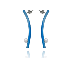 Pendientes de barra larga curvada de titanio azul con perlas - Colección Nautilus de Decimononic