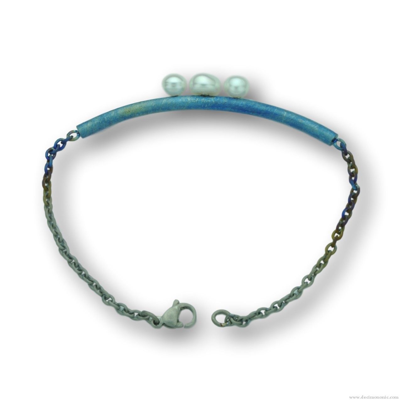 Pulsera de barra de titanio azul con cadena y 3 perlas - Colección Nautilus de Decimononic