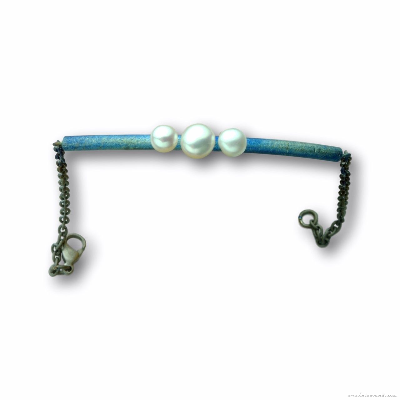 Pulsera de barra de titanio azul con cadena y 3 perlas - Colección Nautilus de Decimononic