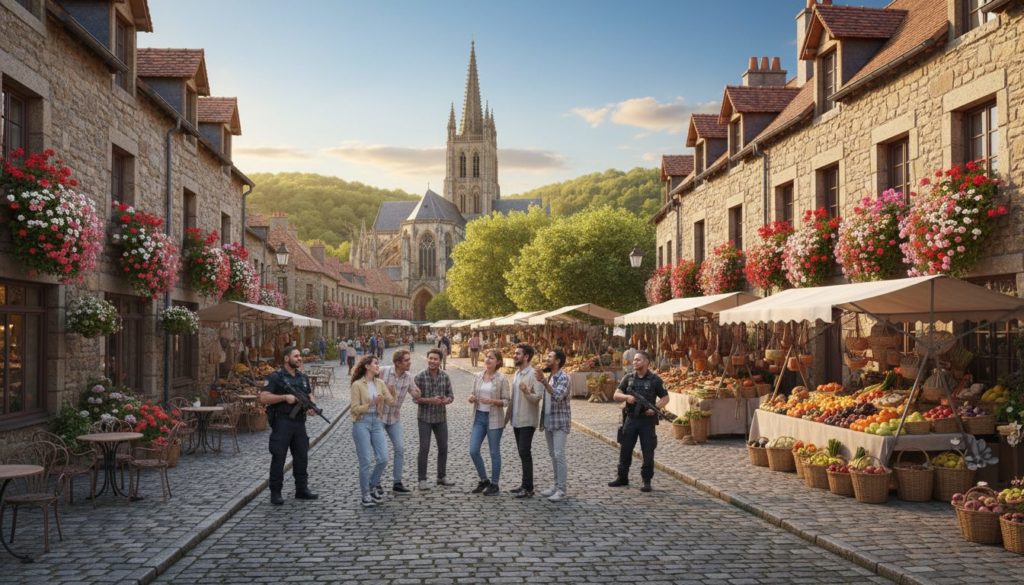 Une vue pittoresque d'une destination européenne sûre, mettant en valeur une charmante rue pavée bordée de cafés pittoresques et de bâtiments historiques ornés de jardinières. Au premier plan, un groupe de voyageurs aux vêtements décontractés modestes profite du paysage, riant et prenant des photos. Le plan intermédiaire présente un marché animé rempli d'artisans locaux présentant de l'artisanat et des produits frais, sous un ciel bleu clair. L'arrière-plan présente un monument européen emblématique, tel qu'un château ou une cathédrale, entouré d'une verdure luxuriante. Un éclairage doux et chaud rehausse l'atmosphère accueillante, ressemblant à une lueur de fin d'après-midi. L'objectif capture l'essence du voyage et de la richesse culturelle, évoquant un sentiment de sécurité et de plaisir à explorer ces beaux endroits.