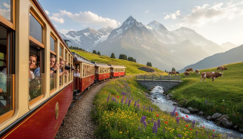 A scenic railway journey unfolds through the breathtaking Swiss Alps, showcasing panoramic views of majestic snow-capped peaks and lush green valleys. In the foreground, a vintage train with elegantly designed carriages winds along the tracks, with passengers enjoying their ride. In the middle ground, vibrant wildflowers bloom along the hillsides, while grazing cows dot the landscape, adding charm to the serene atmosphere. The background features towering mountains, partially shrouded in mist, under a clear blue sky scattered with fluffy white clouds. The scene is illuminated by warm, golden sunlight, evoking a sense of tranquility and adventure. Capture this idyllic moment with a wide-angle lens to emphasize the vastness of the landscape and create a stunning visual experience.