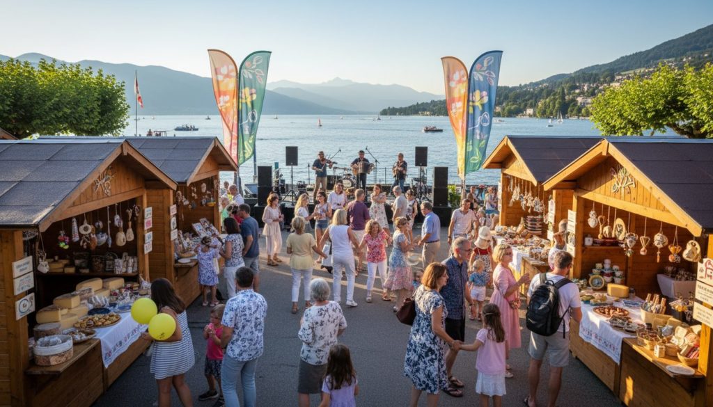 A vibrant summer scene in Montreux, Switzerland, showcasing lively cultural festivals and summer events. In the foreground, families and friends gather at outdoor stalls featuring local artisans, enjoying Swiss delicacies and handcrafted souvenirs. The middle ground shows musicians performing in an open-air concert, with diverse crowds dancing and clapping, set against a backdrop of colorful decorations and festival banners. The iconic Lake Geneva sparkles under a clear blue sky, while the sun casts a warm golden light on lush green mountains in the distance. Capture the joyous atmosphere and sense of community, with people dressed in casual, colorful summer attire, creating a cheerful and inviting scene. Use a wide-angle lens to include the sprawling view of the event and ensure bright, natural lighting to highlight the festive mood.