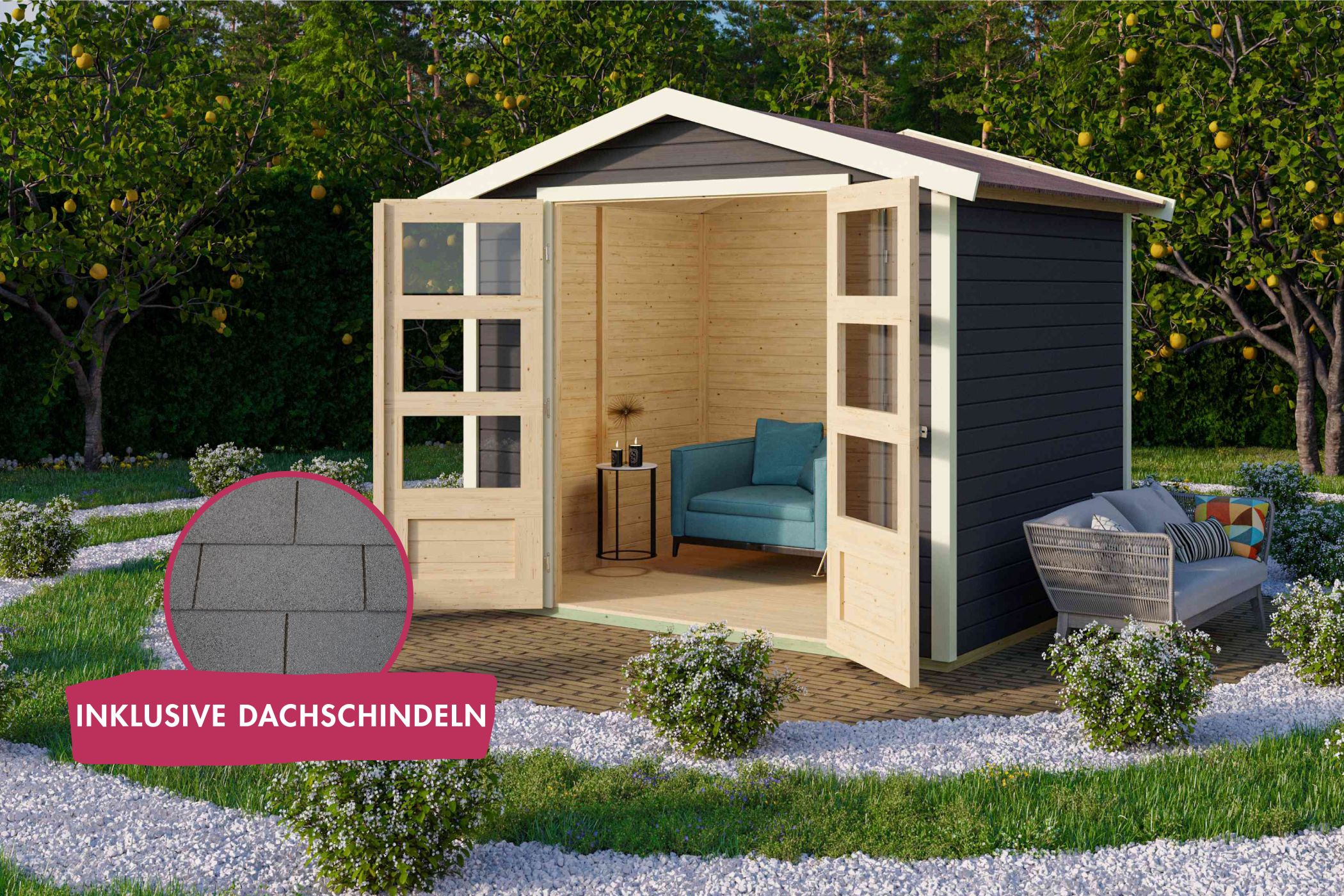 Garden house Amberg 4 terra grey incl. roof shingles rectangle slate grey / stock sale