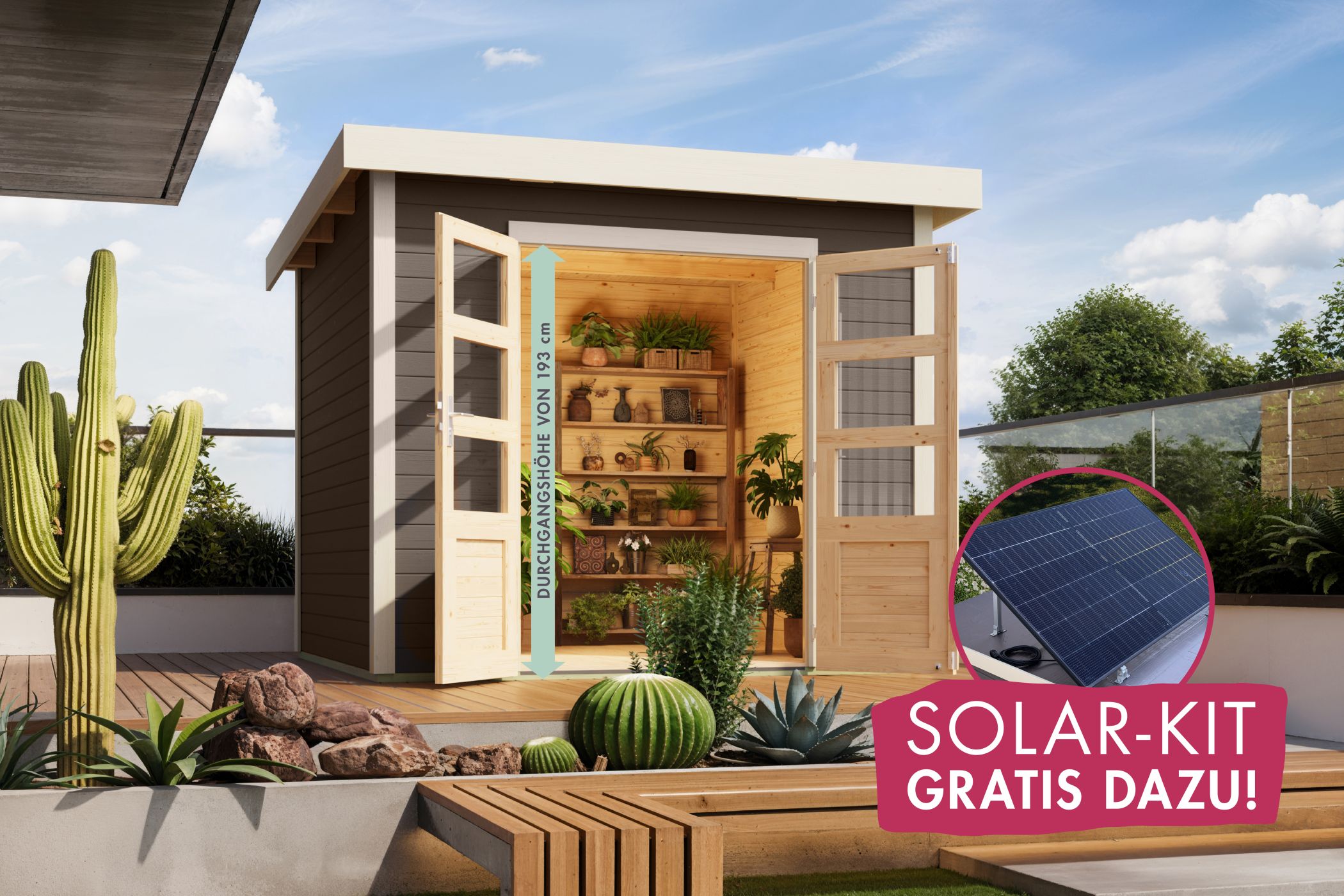 Garden Shed Kolbin 6 XXL terra grey (Extra High Door) with SOLAR-KIT