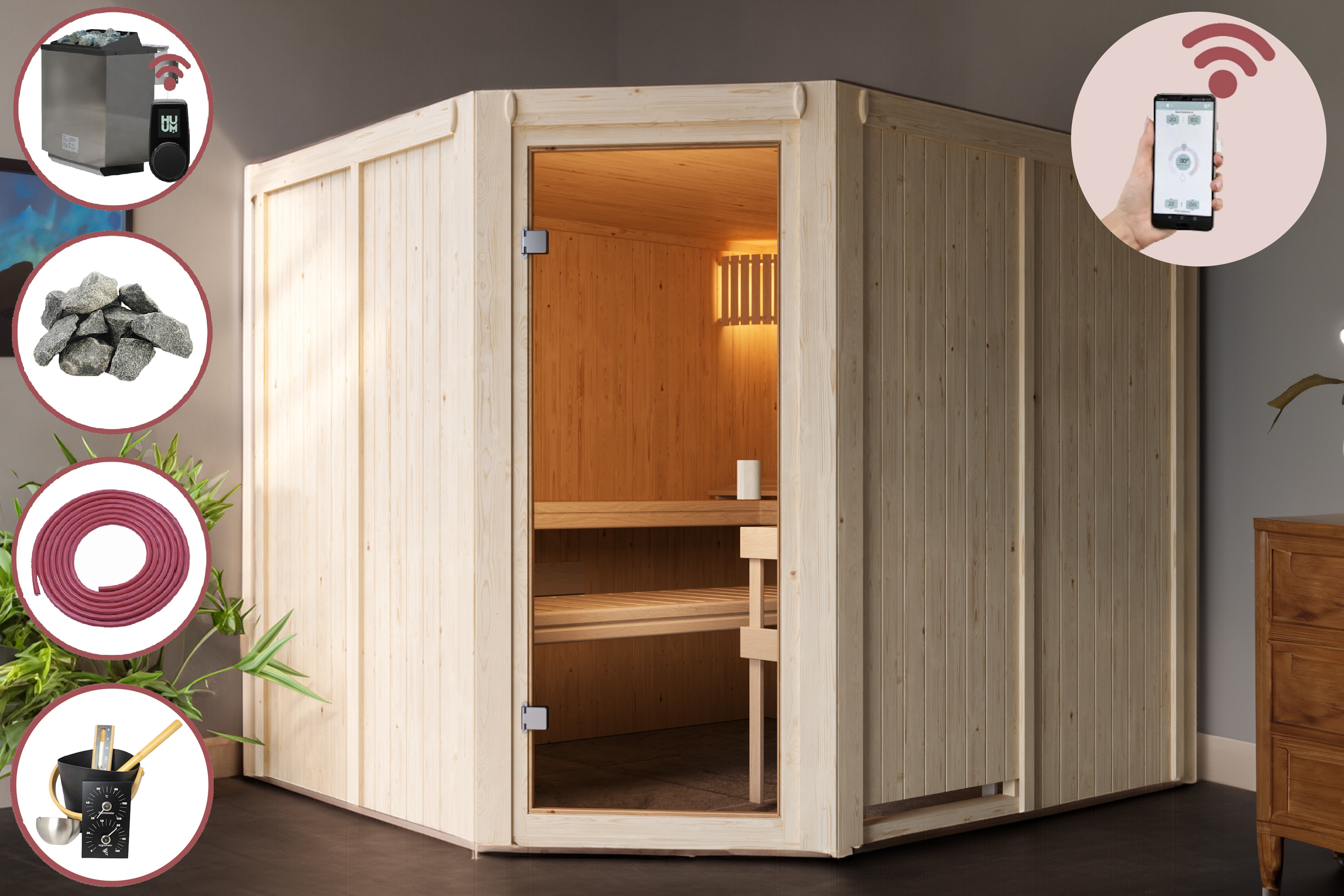 Sauna Hannah 4 im Sparset / 9kW Bio-Ofen mit HUUM Wifi Steuerung