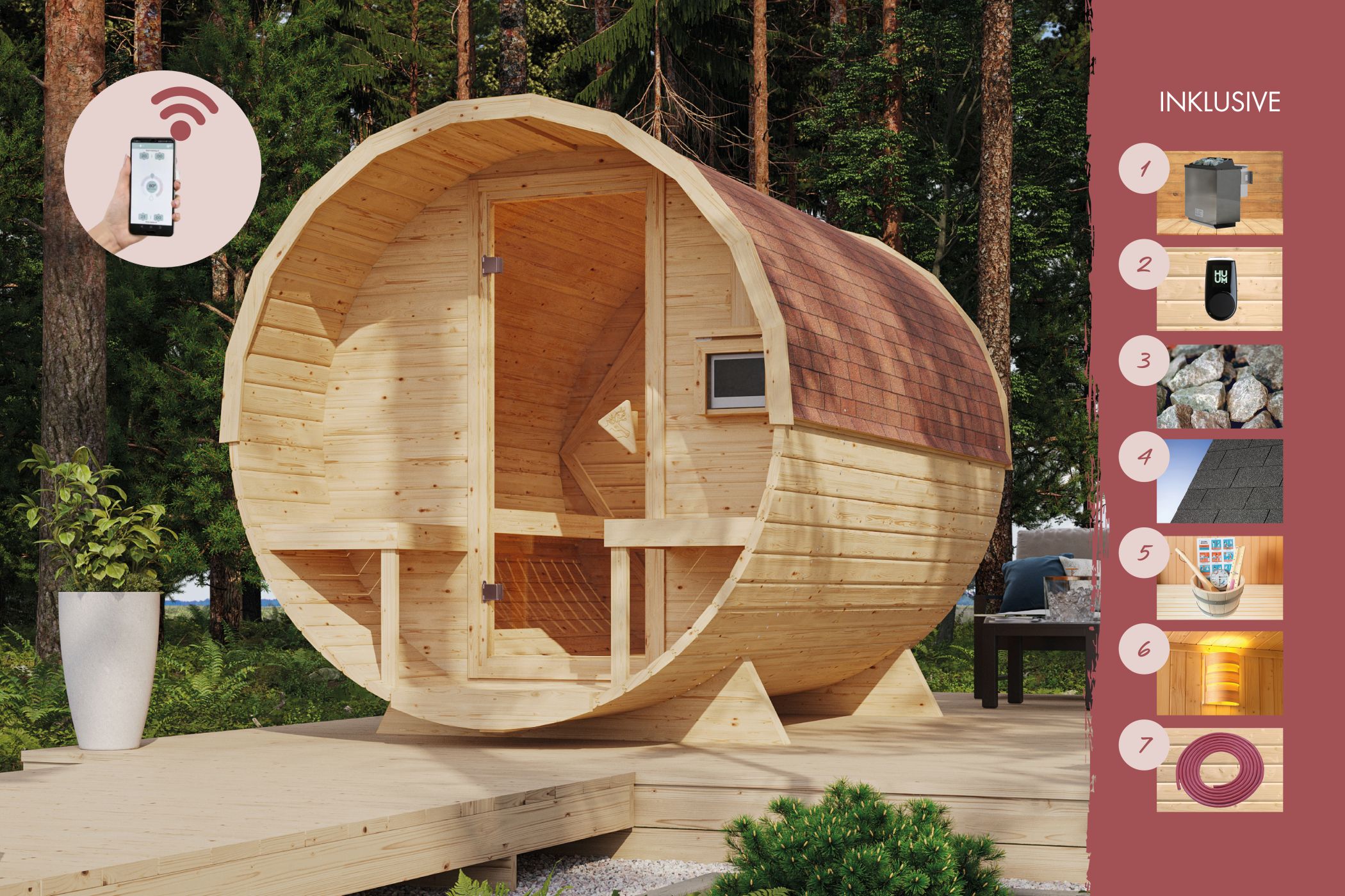 Barrel sauna 2 action set / + HUUM WIFI control unit savings set