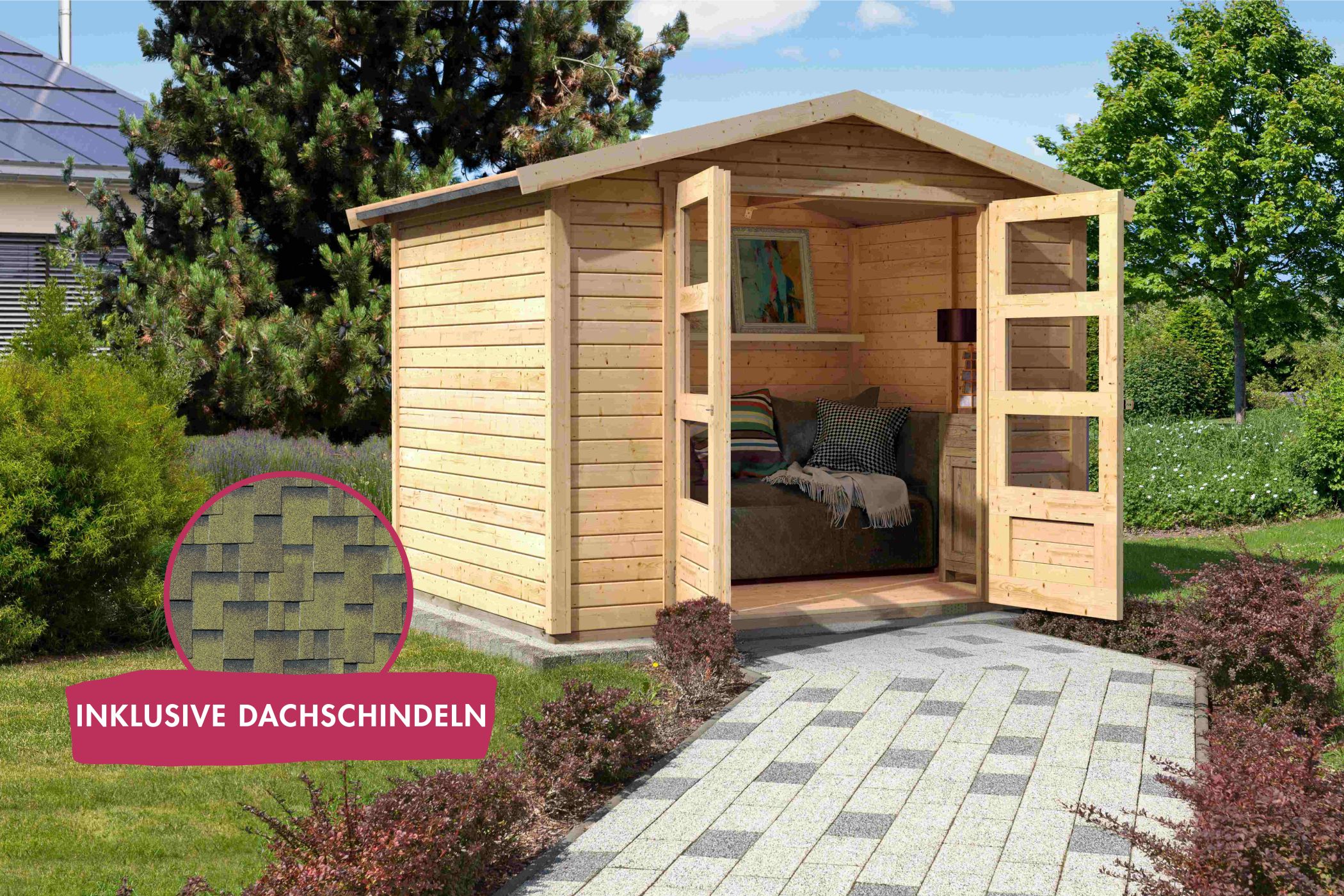 Garden house Amberg 4 natural incl. roof shingles Asymmetrical cedar wood / Clearance