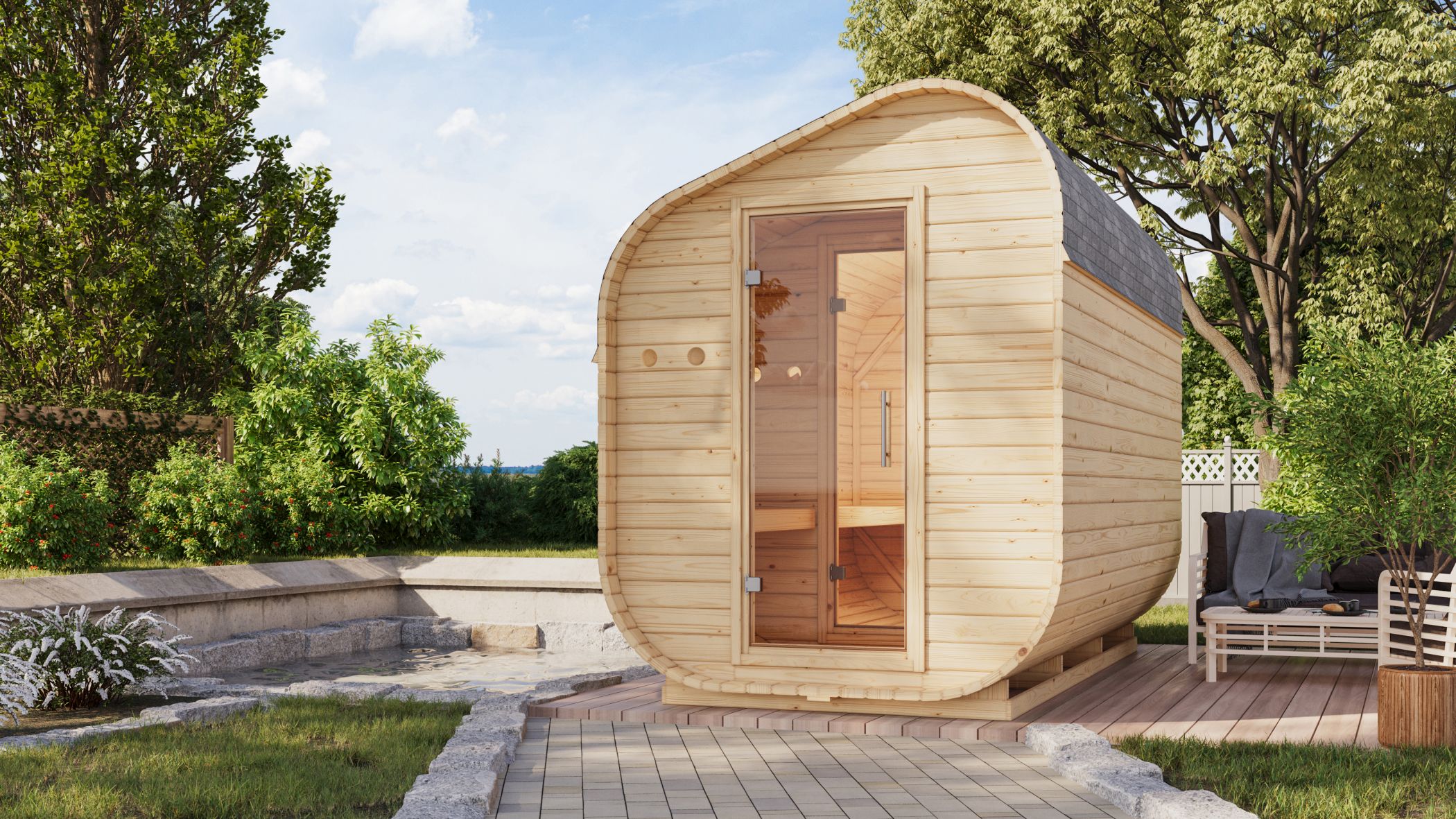 Barrel sauna asymmetrical 3
