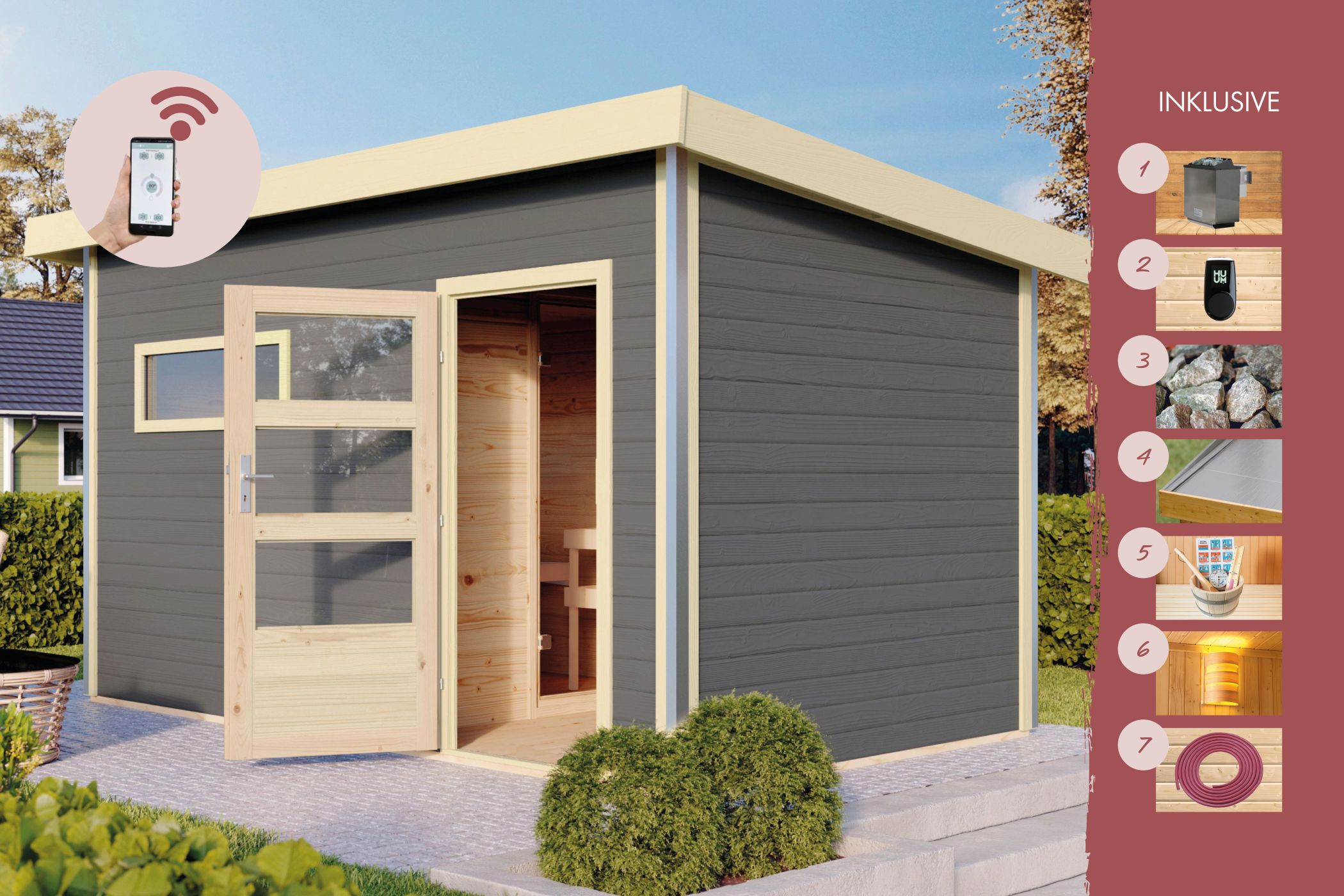 Sauna house Joost 3 with anteroom terra grey / + HUUM WIFI control unit savings set