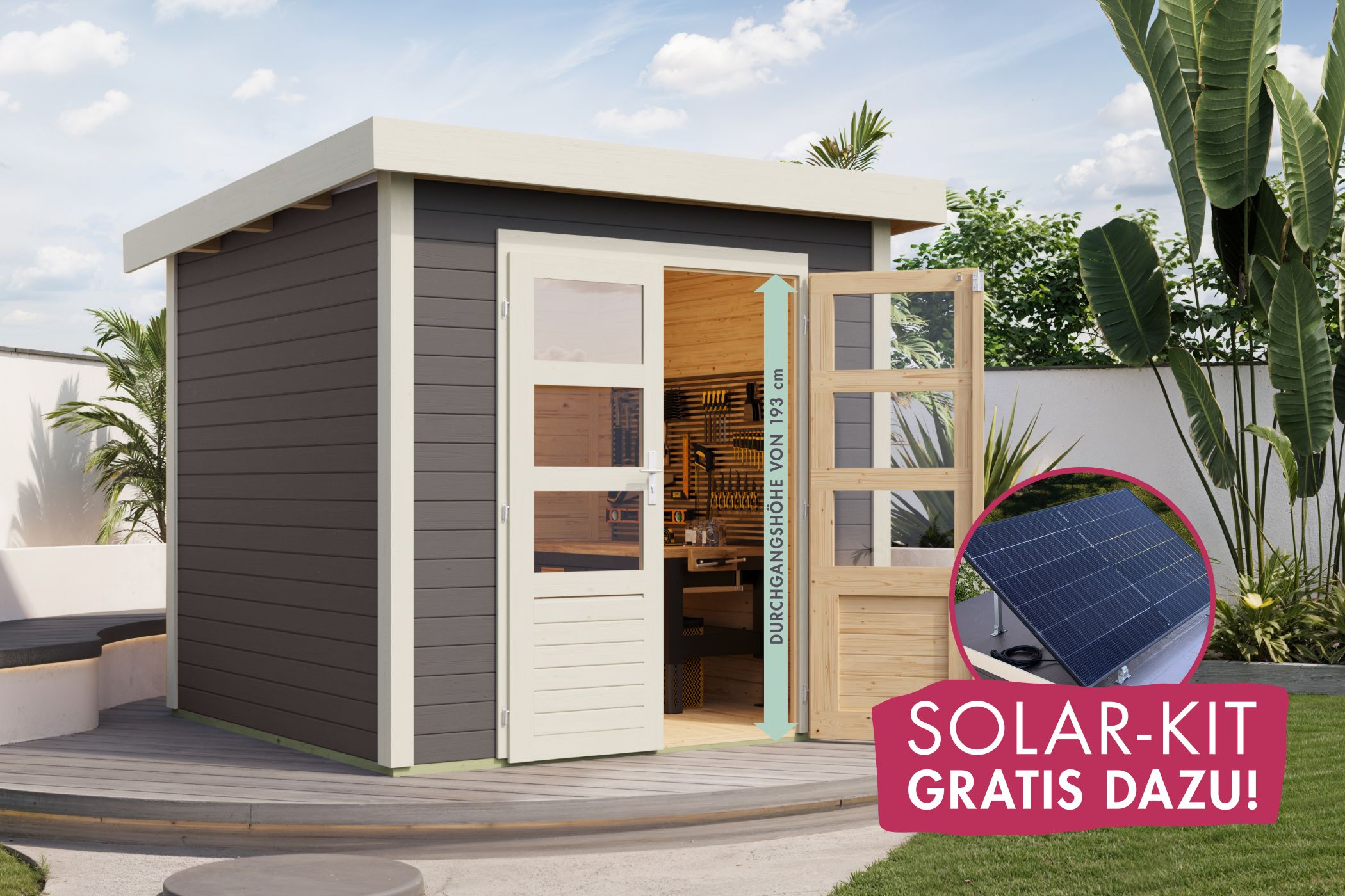 Garden Shed Kolbin 3 XXL terra grey (Extra High Door) with SOLAR-KIT