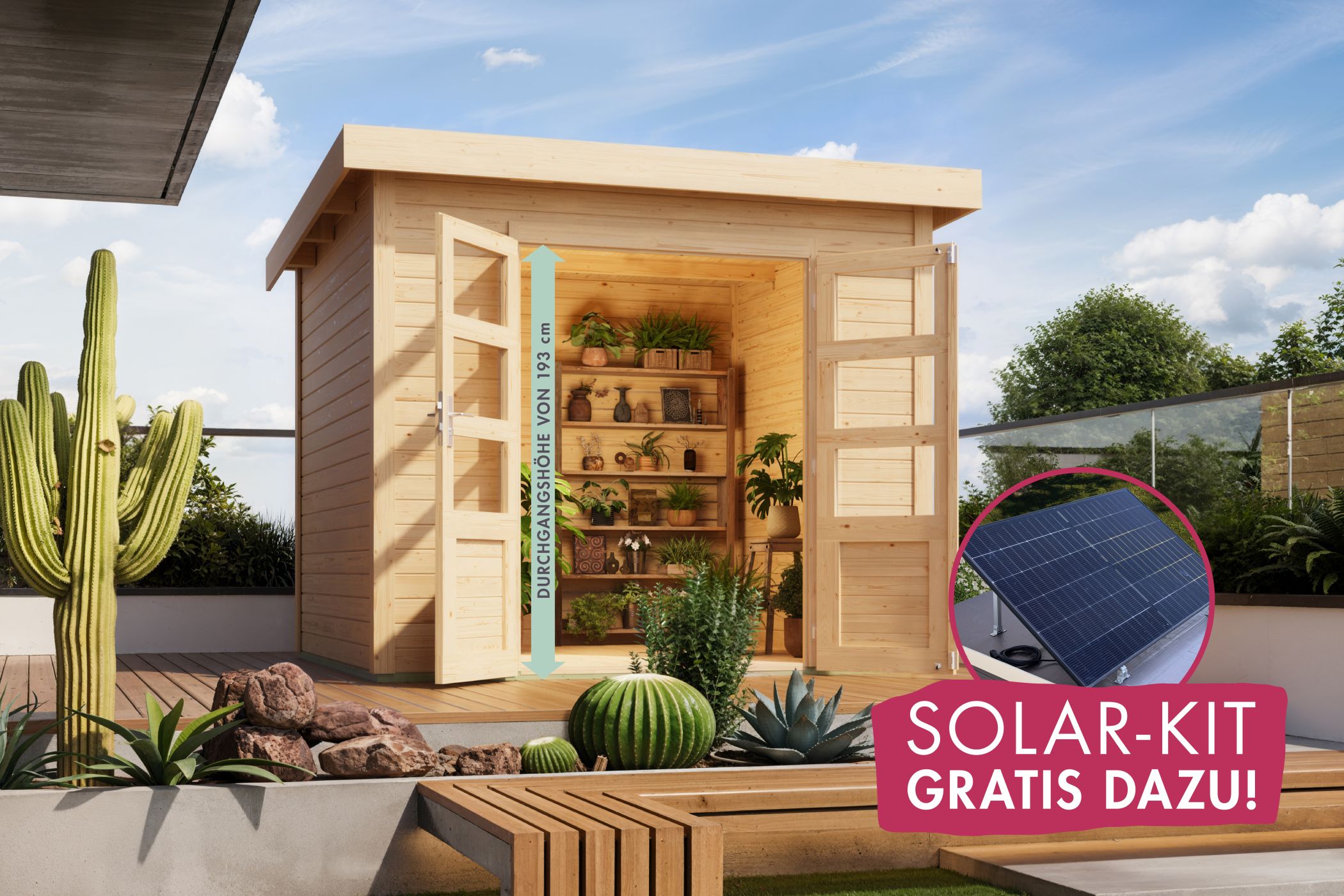 Garden house Kolbin 6 XXL natural (extra high door) with SOLAR-KIT